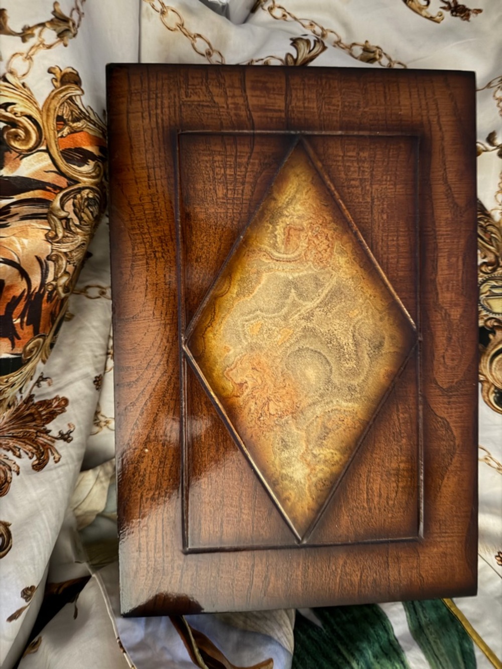 Vintage Brown Wood Storage Box with Gold Diamond Inlay